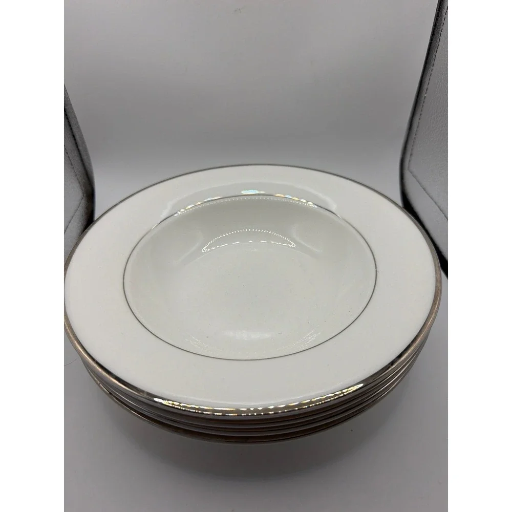 4 Mikasa Cameo Platinum rimmed soup bowls 8.75